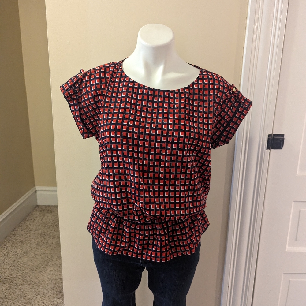 Micheal Michael Kors red and navy blue print short sleeve top size M